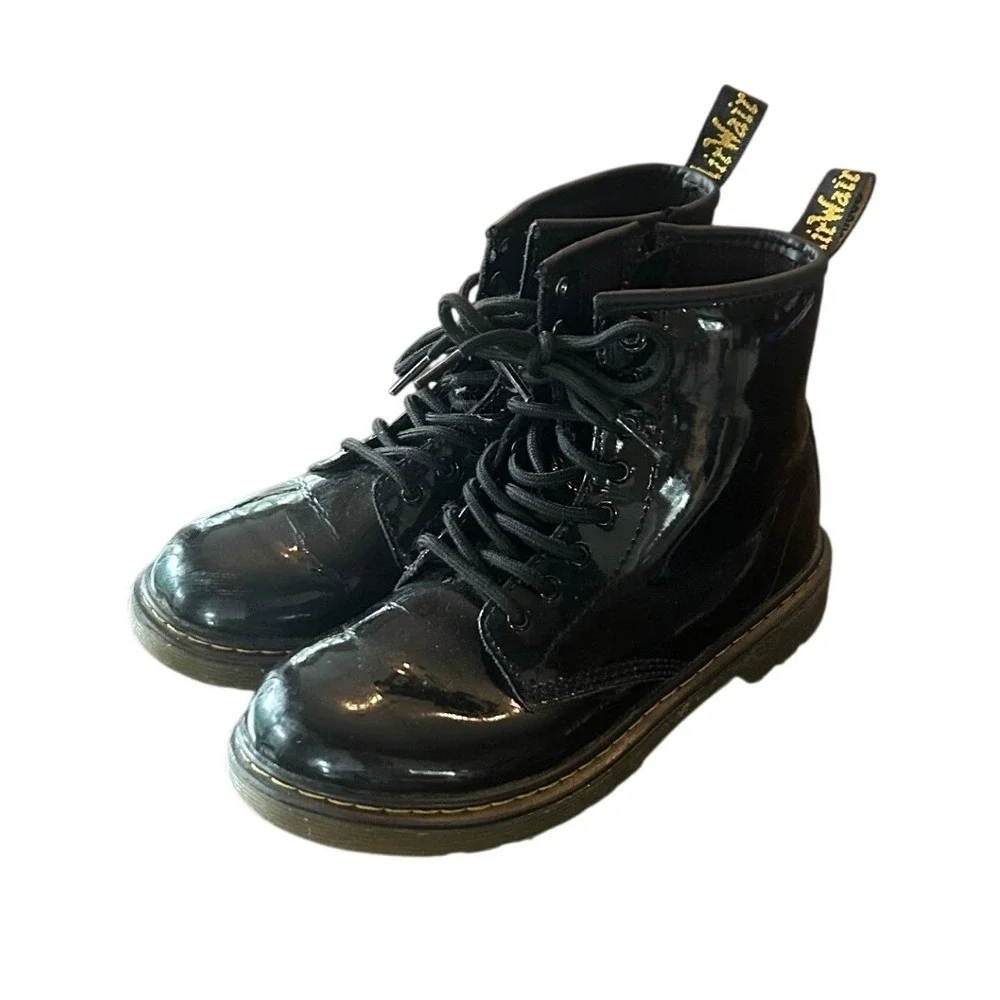 Dr. Martens 1460 J Combat Boots Kids Size 4 Black Patent Leather Side Zip Grunge